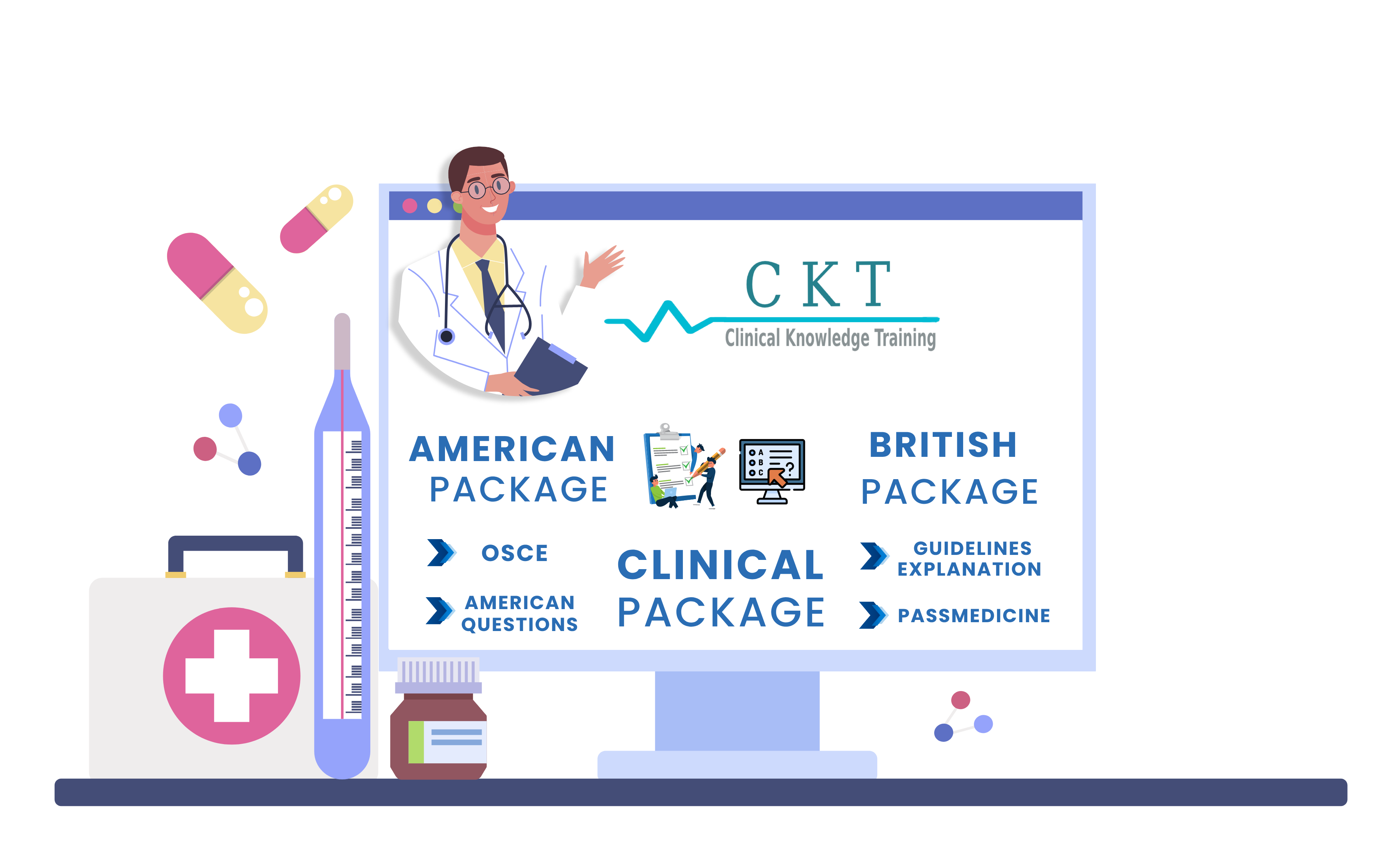 CKT Trainings Packages (CKT American Package, CKT British Package, CKT Clinical Package, CKT Mock OSCE AKT (MCQ), CKT Mock Test OSCE, and CKT Mentor Package.)